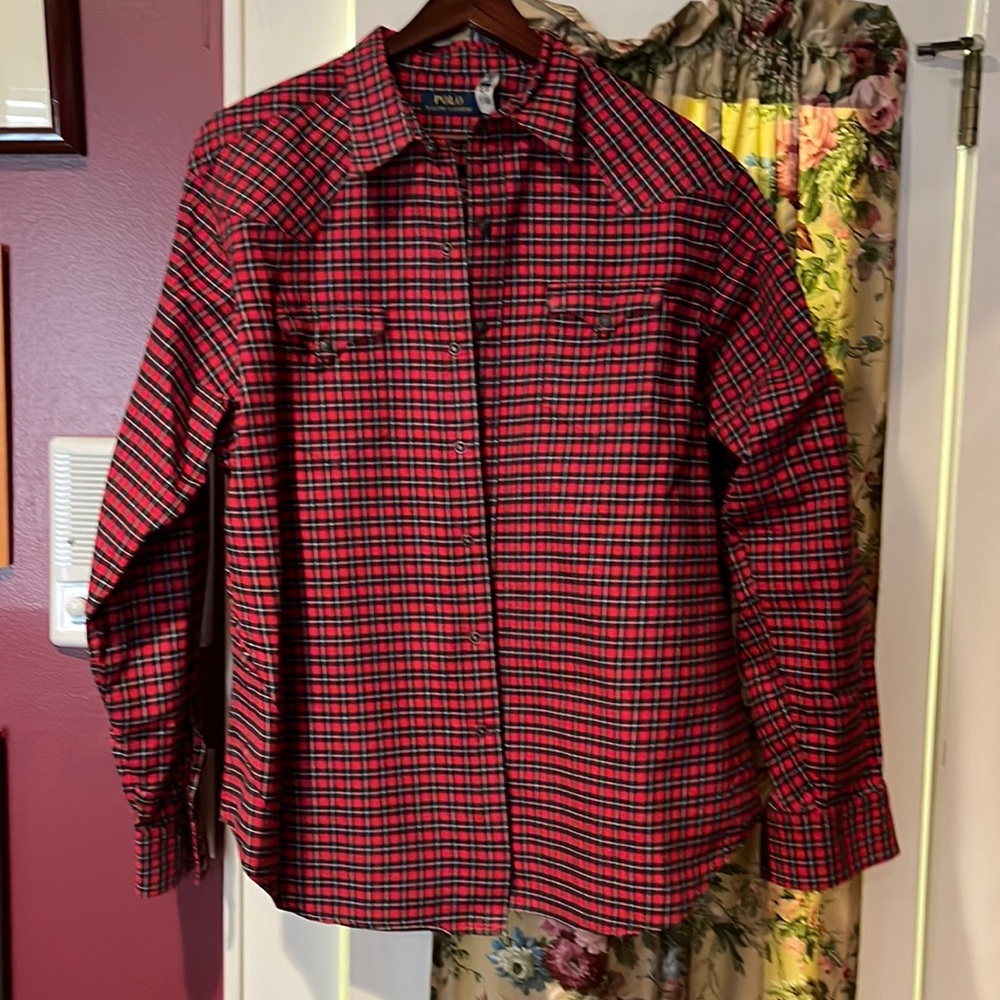 Polo Ralph Lauren red plaid shirt. Left and right breast pockets with snap flaps